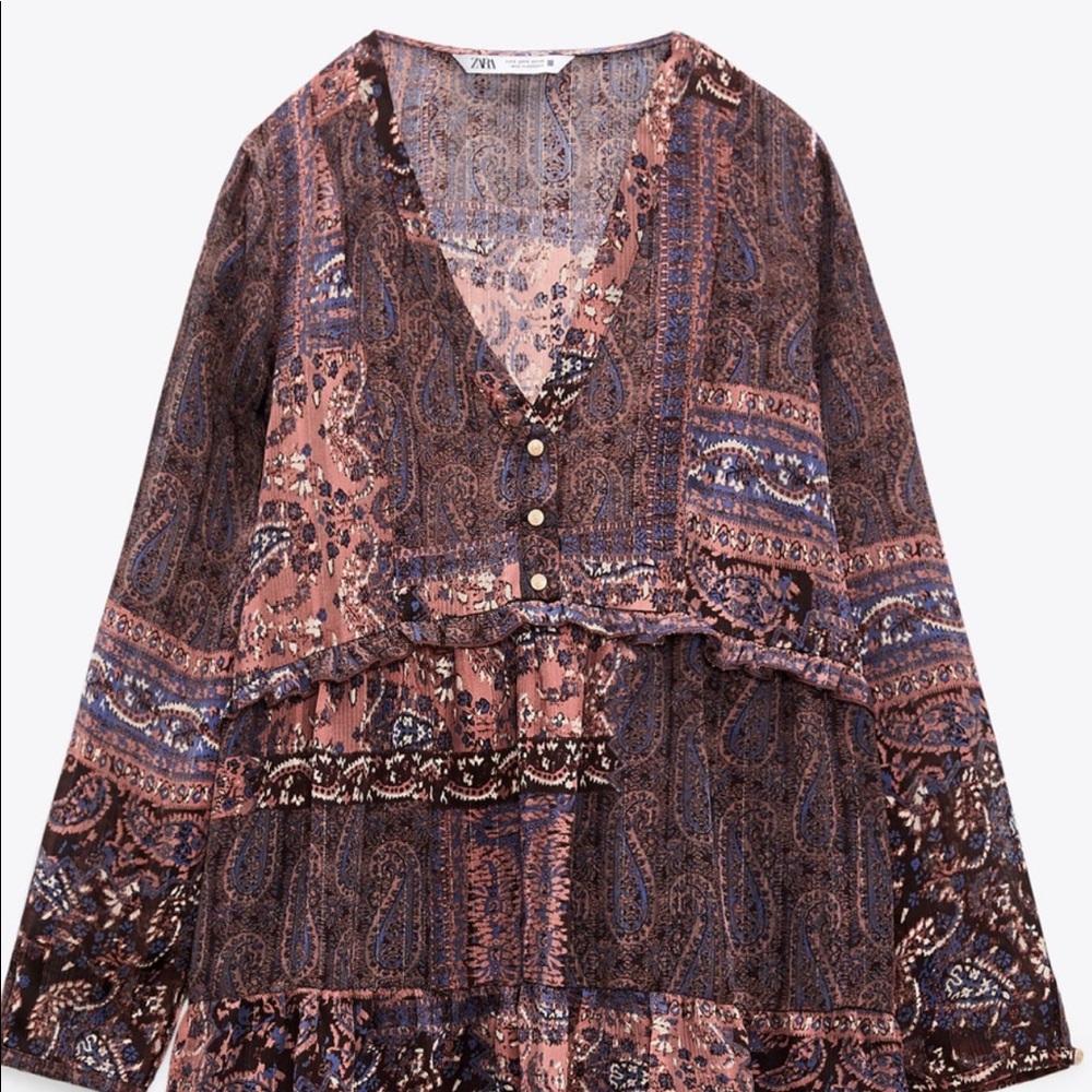 NWT ZARA PATCHWORK DESIGN RUFFLE MINI DRESS SZ S